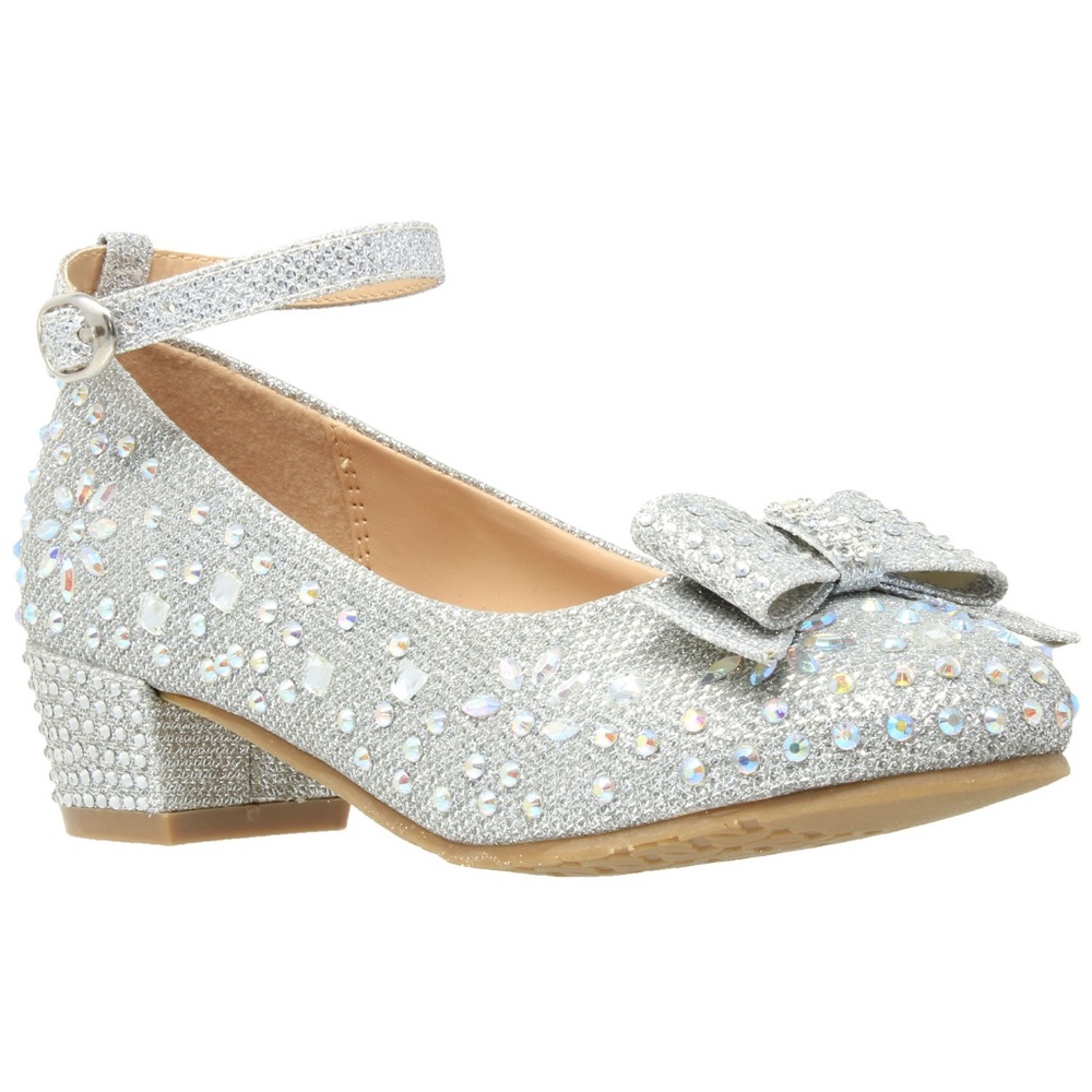 Kids Silver Glitter Rhinestone Bow Low Heel MARY50